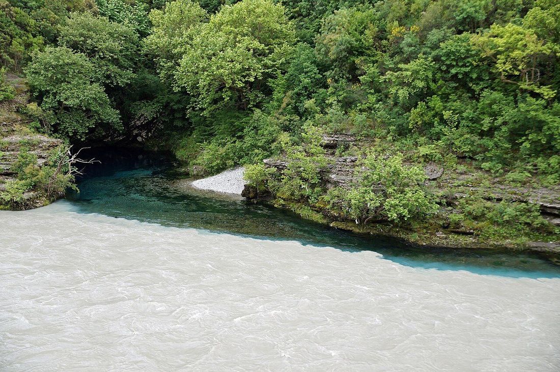 Ujë i gjelbër nga një burim që derdhet në ujin e bardhë të Vjosës në Këlcyrë